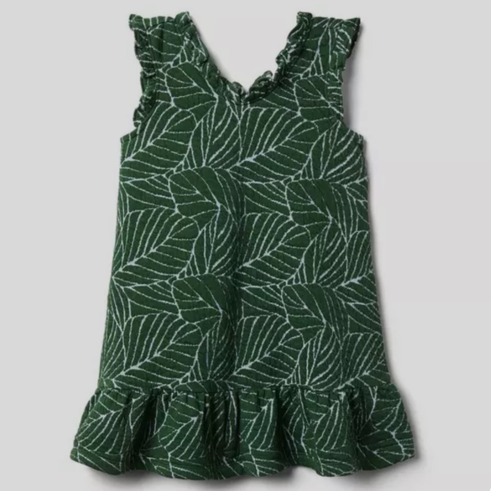 Girls Janie and Jack Leaf Print Ruffle Trim Sleeveless Dress Forest Green 12